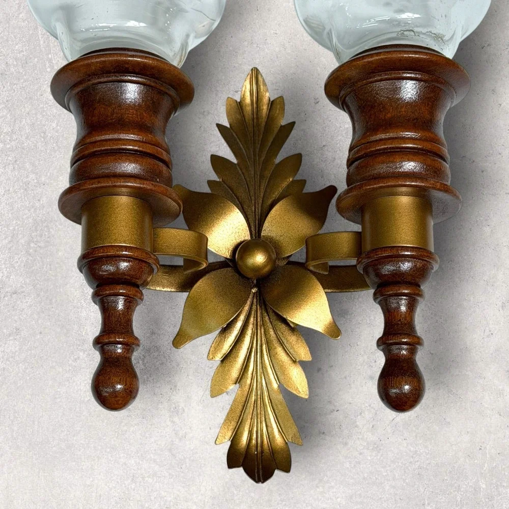 Vintage Double Wall Sconce Wood Gold Metal Floral‎ Etched Glass Hurricane Shades